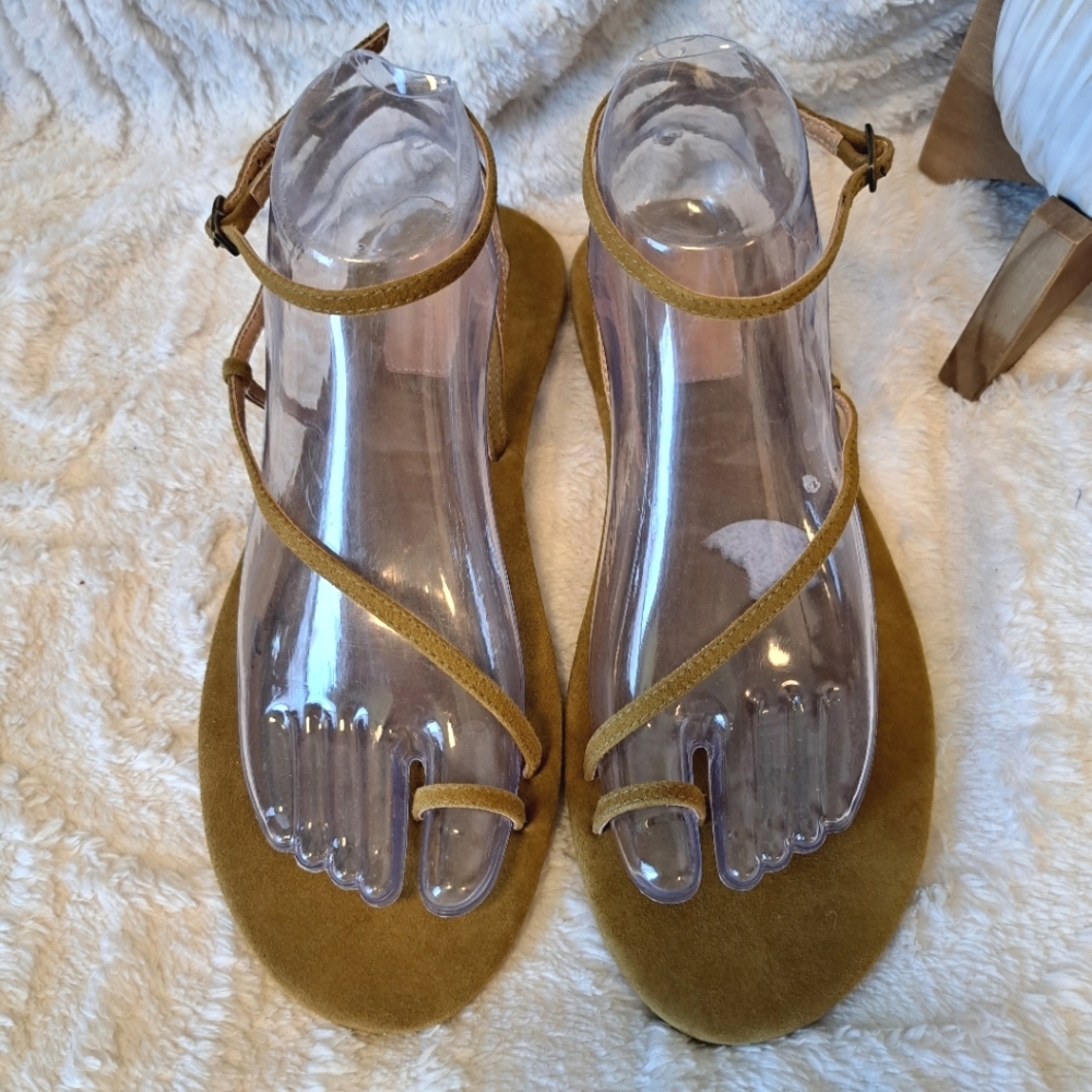 Doen Bare Sandals Strappy Leather Flat Toe Strap Minimalist Oak Tan Sz  41/ 10.5 - Picture 2 of 15